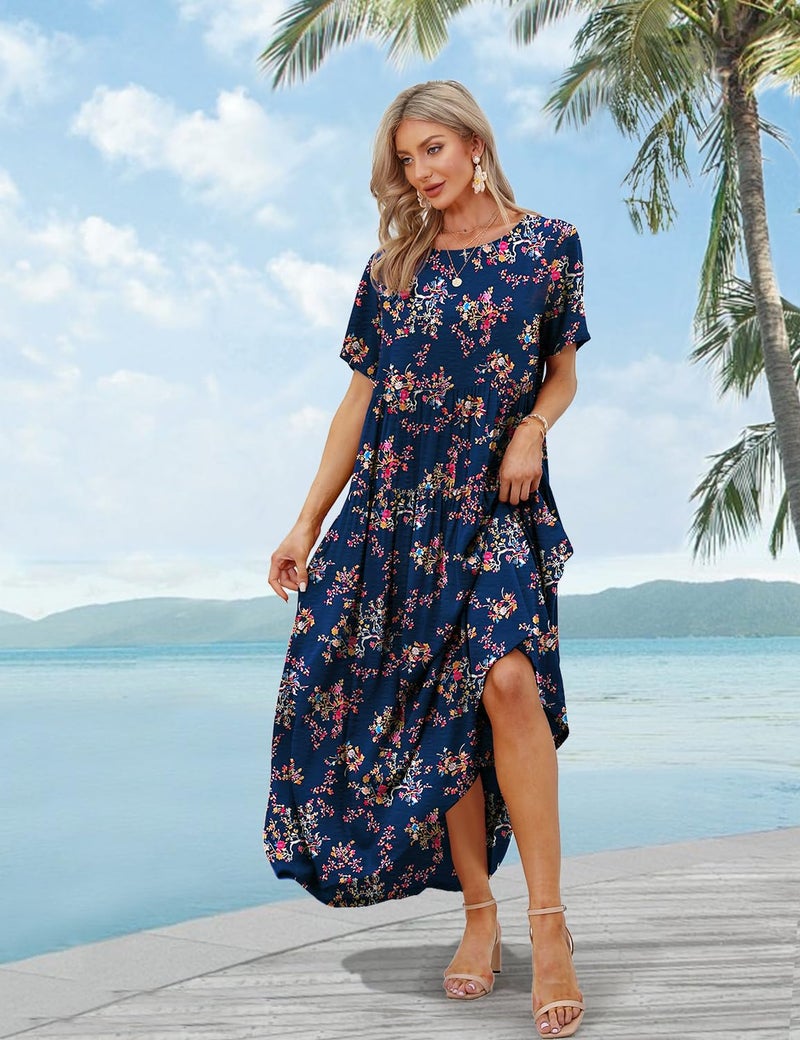 YESNO Women Casual Loose Bohemian Floral Dress with Pockets Short Sleeve Long Maxi Summer Beach Swing Dress (M EJF CR30) Blue - Image 3